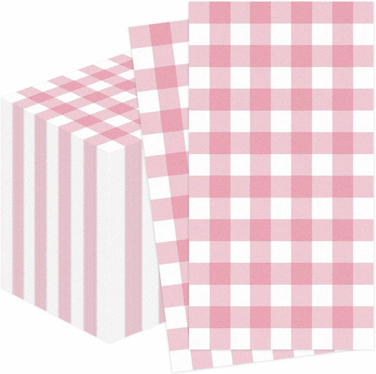 100 Pcs Light Pink Gingham Dinner Napkins 3-Ply Pink and White Buffalo Plaid Napkins Disposable Guest Hand Towels for Bathroom Wedding Birthday Checkered Paper Napkin