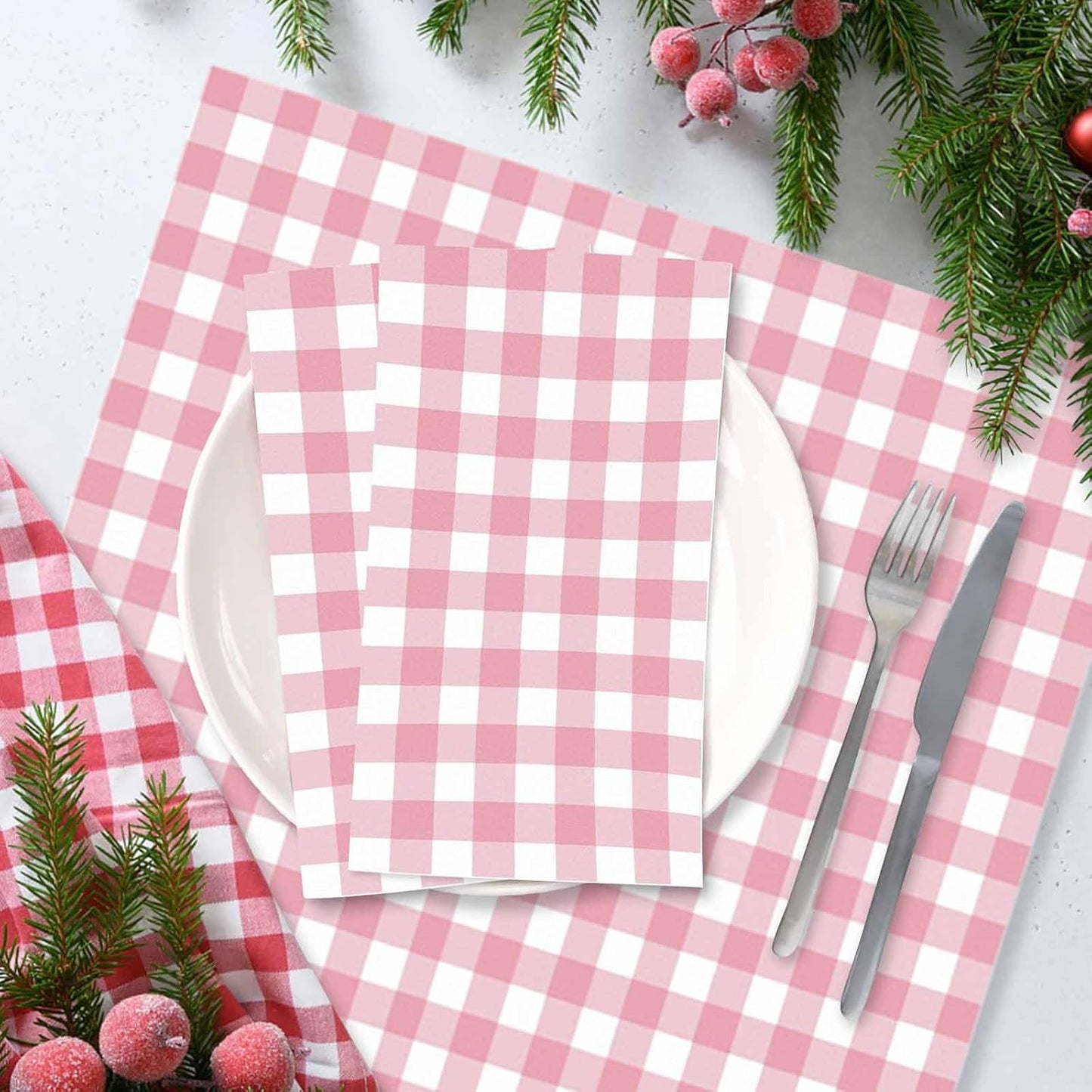 100 Pcs Light Pink Gingham Dinner Napkins 3-Ply Pink and White Buffalo Plaid Napkins Disposable Guest Hand Towels for Bathroom Wedding Birthday Checkered Paper Napkin