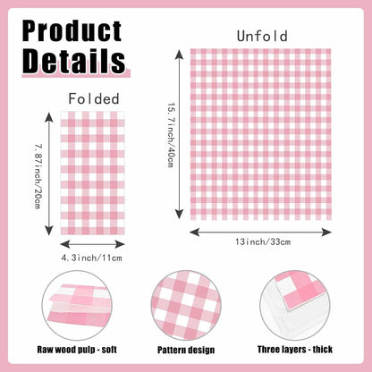 100 Pcs Light Pink Gingham Dinner Napkins 3-Ply Pink and White Buffalo Plaid Napkins Disposable Guest Hand Towels for Bathroom Wedding Birthday Checkered Paper Napkin