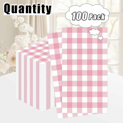 100 Pcs Light Pink Gingham Dinner Napkins 3-Ply Pink and White Buffalo Plaid Napkins Disposable Guest Hand Towels for Bathroom Wedding Birthday Checkered Paper Napkin