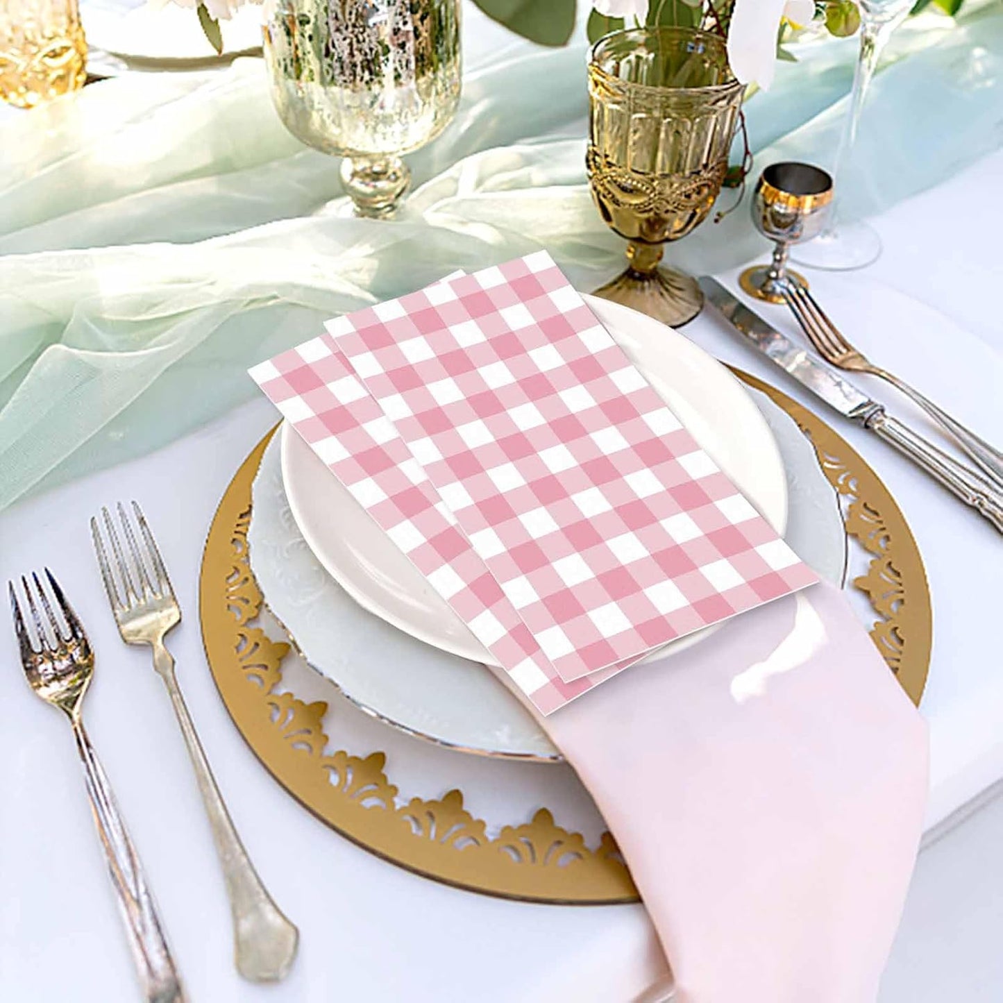 100 Pcs Light Pink Gingham Dinner Napkins 3-Ply Pink and White Buffalo Plaid Napkins Disposable Guest Hand Towels for Bathroom Wedding Birthday Checkered Paper Napkin
