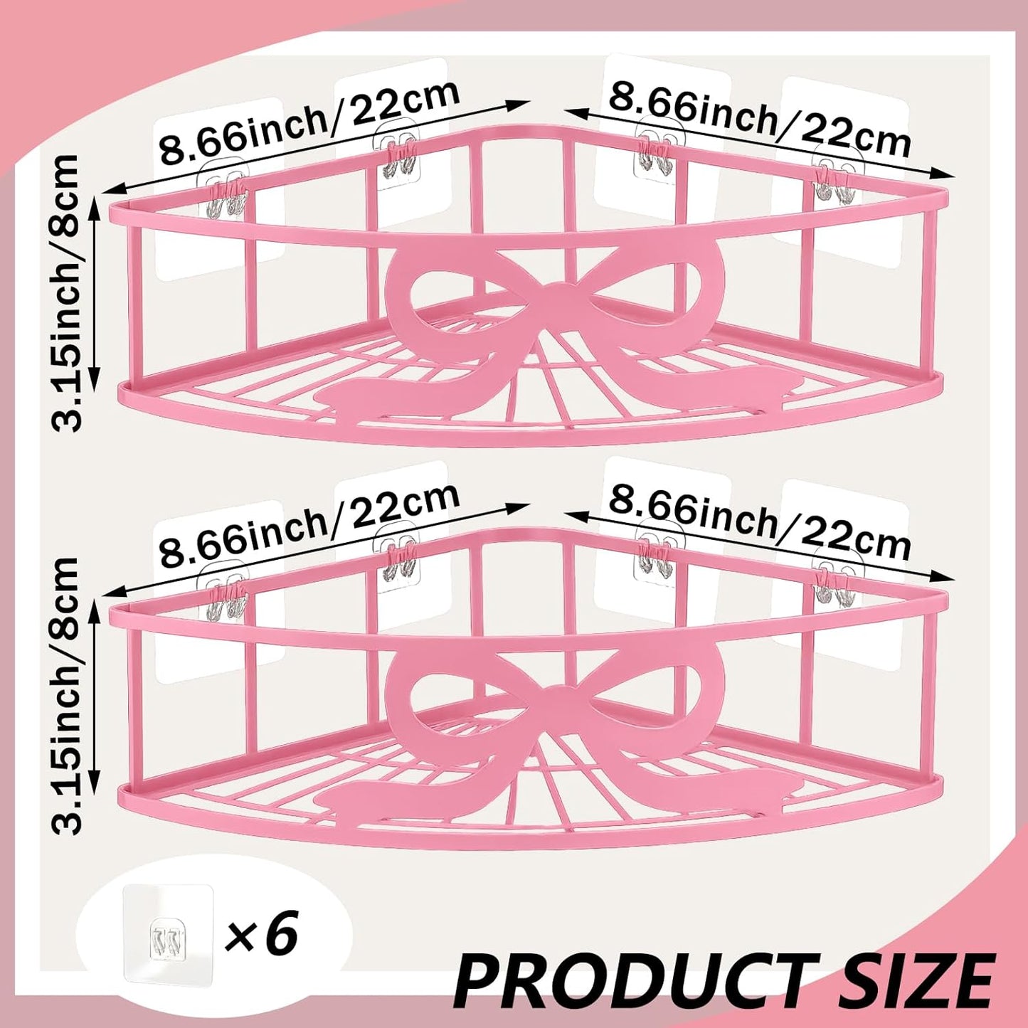 2 Pcs Pink Corner Shower Caddy Pink Bow Shower Shelves Organizer No Drilling Coquette Corner Caddy with 5 Adhesive Hooks Preppy Wall Mounted Decor Shelves for Bathroom Kitchen Bedroom Dorm