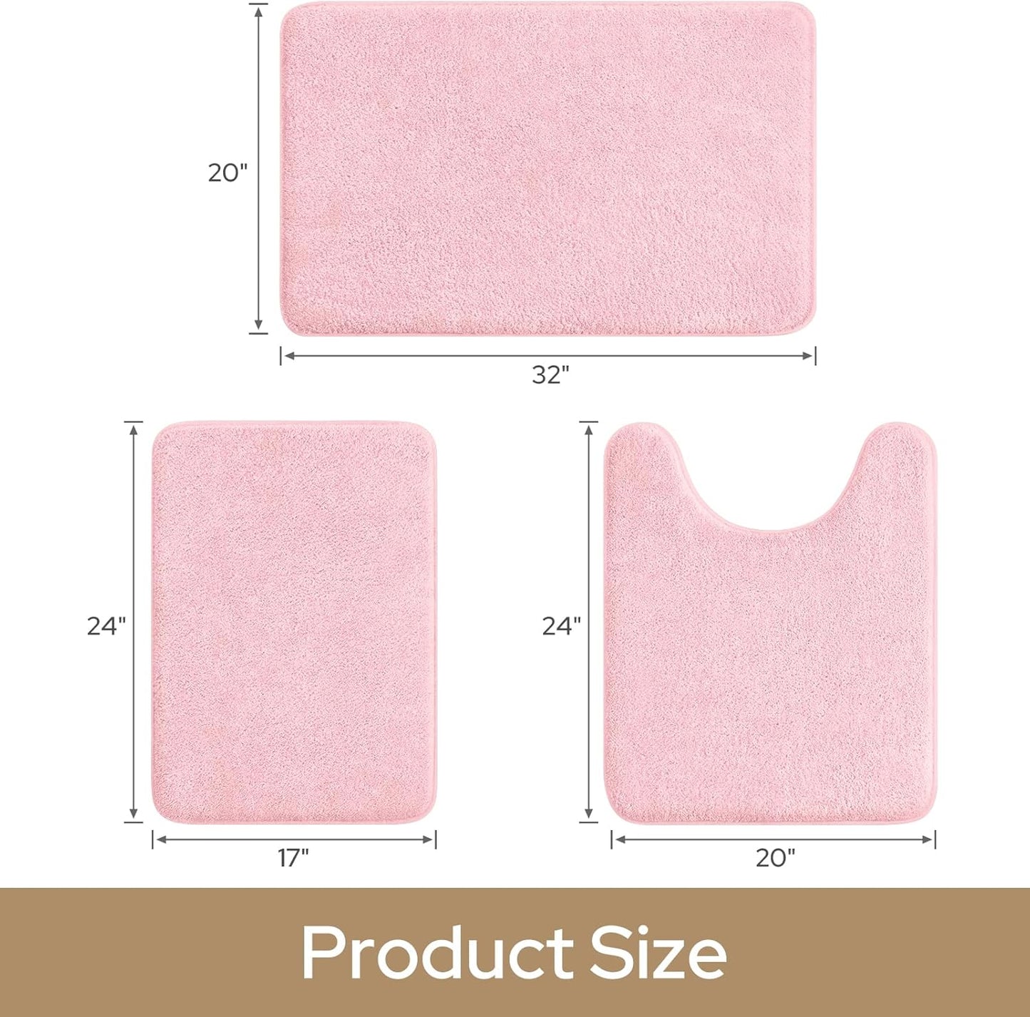 HOMEIDEAS Upgraded Bathroom Rugs Set 3 Piece, Ultra Soft Memory Foam Bath Mats, Super Absorbent Non Slip Washable U-Shaped Toilet Bath Rug (Light Pink, 17"x24"+20"x32"+U-Shaped 20"x24")