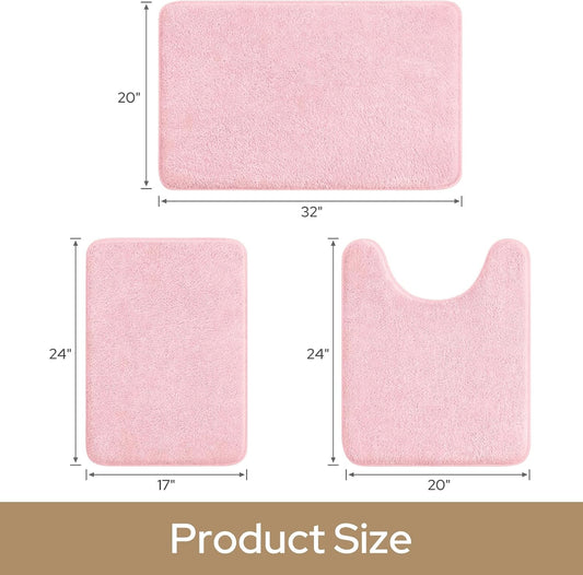 HOMEIDEAS Upgraded Bathroom Rugs Set 3 Piece, Ultra Soft Memory Foam Bath Mats, Super Absorbent Non Slip Washable U-Shaped Toilet Bath Rug (Light Pink, 17"x24"+20"x32"+U-Shaped 20"x24")