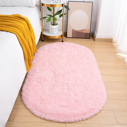 Goideal Fluffy Bedroom Rug, Small Oval Area Rugs, Pink Shag Bedside Carpet for Kids Room Nursery Dorm Cute Fuzzy Indoor Decor for Boy and Girl, 2.6 x 5.3 Feet