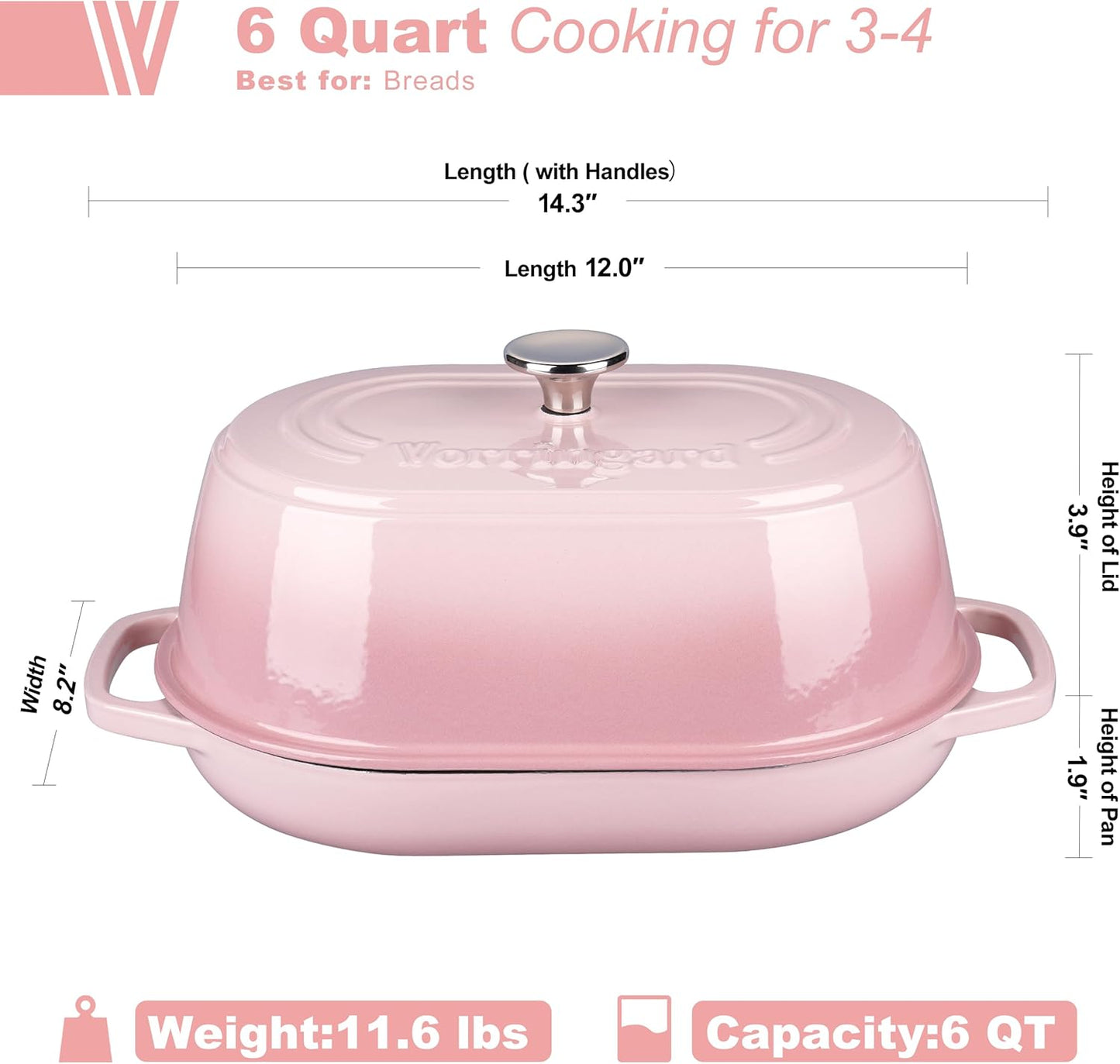 VORRINGARD Enameled Cast Iron Dutch Oven Pot with Dome Lid, Oval Bread Oven for Homemade Sourdough Bread Baking, Oven Safe up to 500°F, 6 Quart, Pink
