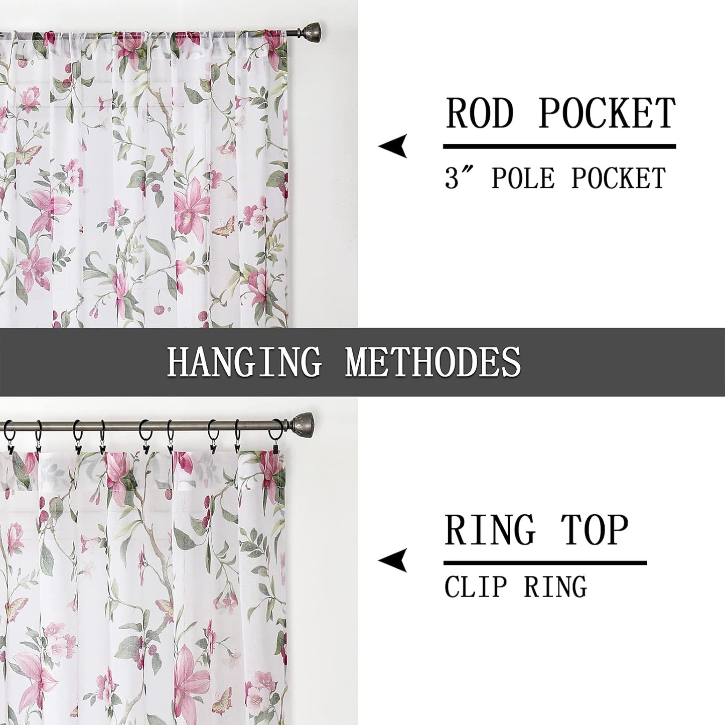 Tollpiz Floral Sheer Curtain Valance Pink Cherry Flower Butterfly Print Living Room Valance Curtains Rod Pocket Voile White Sheer Curtain Valances for Bedroom, 54 x 16 inches Long, Set of 1 Panel