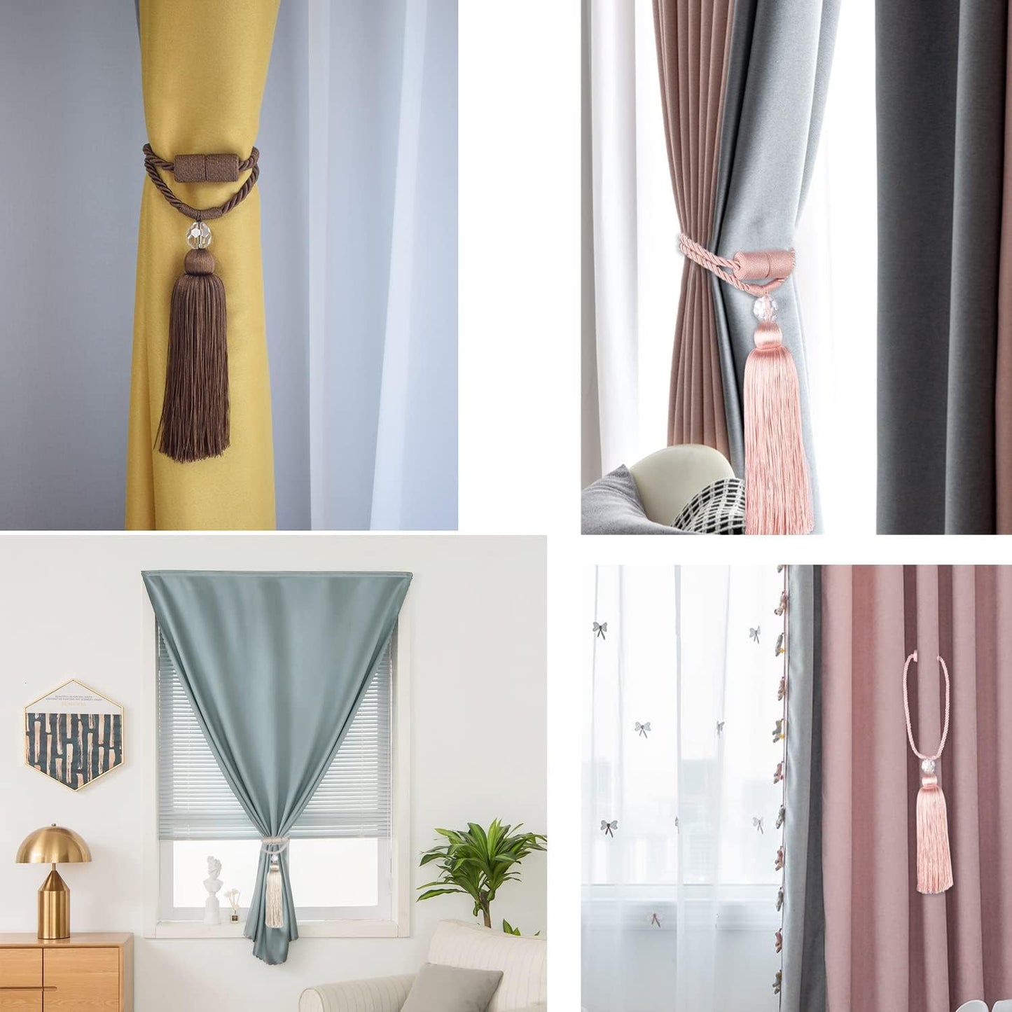 BEL AVENIR Magnetic Curtain Tiebacks Tassel Ties Backs Holdbacks Rope Convenient Drapes Handmade Home Office Decorative (Pink)