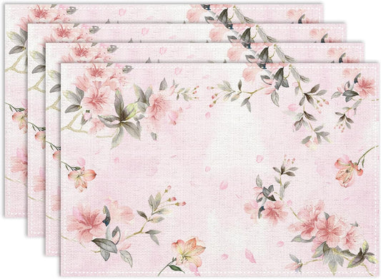 Spring Floral Placemats Set of 4, 12x18 Inch Seasonal Boho Cherry Blossom Pink Watercolor Flower Farmhouse Holiday Cafe Table Mats for Party Kitchen Dining Decoration