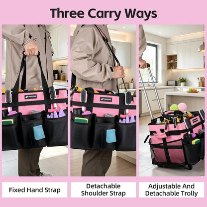 Large Rolling Cleaning Caddy Bag with Wheels, with Detachable Trolley, Cleaning Bags on Wheels for Housekeepers, Cleaning Cart Supplies Organizer for Home, Car, Picnic (Pink)