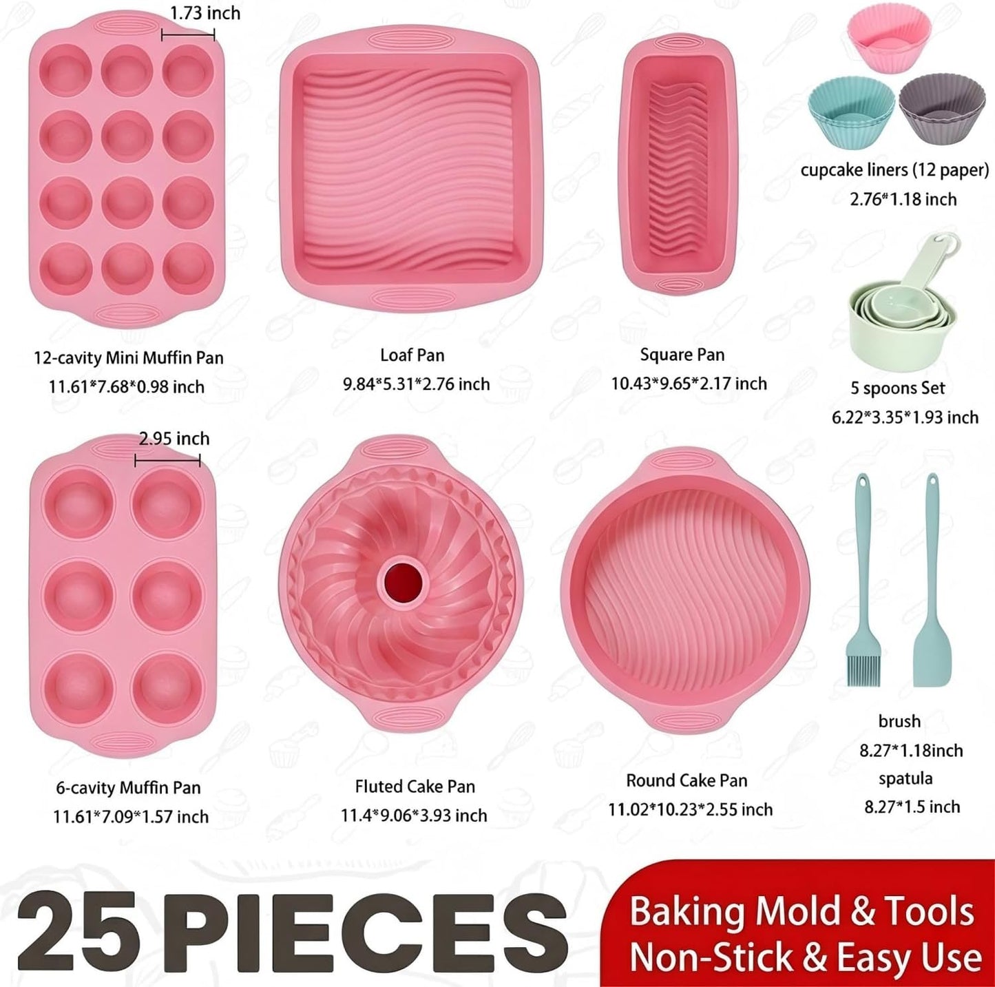 25 PCS Silicone Baking Pans Set, Nonstick Bakeware Sets with Round Cake Pans, Muffin Pans, Baking Cups and Spoons for 450°F Oven Safe Bread, Cupcakes and Desserts (Pink)