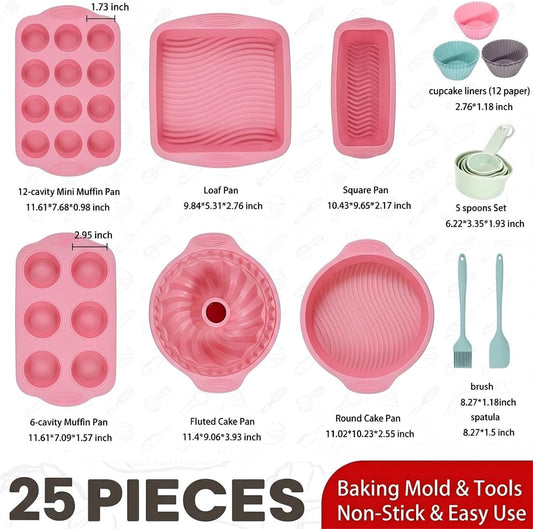 25 PCS Silicone Baking Pans Set, Nonstick Bakeware Sets with Round Cake Pans, Muffin Pans, Baking Cups and Spoons for 450°F Oven Safe Bread, Cupcakes and Desserts (Pink)