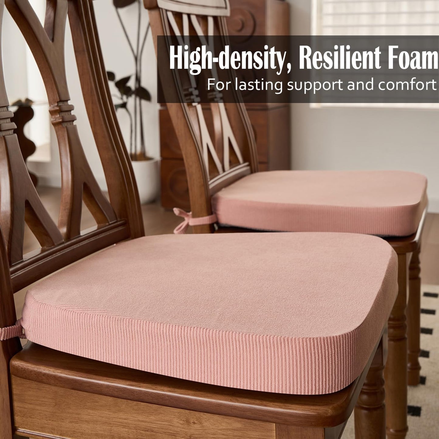 Dining Chair Cushions Set of 4-2" Thick High-Density Foam Chair Pads with Ties and Non-Slip Bottom, Removable Washable Cover for Dining and Kitchen, 17"x16", Pink