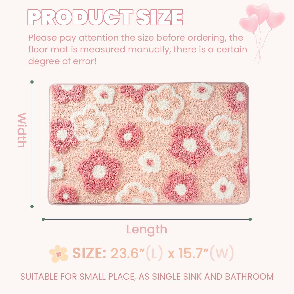 Cute Flowers Bathroom Rug Non Slip and Super Absorbent Bath Mat Machine Washable Bath Carpet Soft Microfiber Rug for Dining Room, Kitchen and Living Room (Pink Flowers, 23"x16")