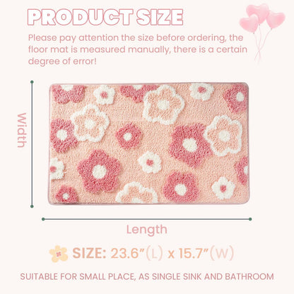 Cute Flowers Bathroom Rug Non Slip and Super Absorbent Bath Mat Machine Washable Bath Carpet Soft Microfiber Rug for Dining Room, Kitchen and Living Room (Pink Flowers, 23"x16")