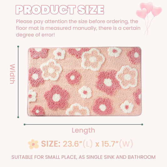 Cute Flowers Bathroom Rug Non Slip and Super Absorbent Bath Mat Machine Washable Bath Carpet Soft Microfiber Rug for Dining Room, Kitchen and Living Room (Pink Flowers, 23"x16")