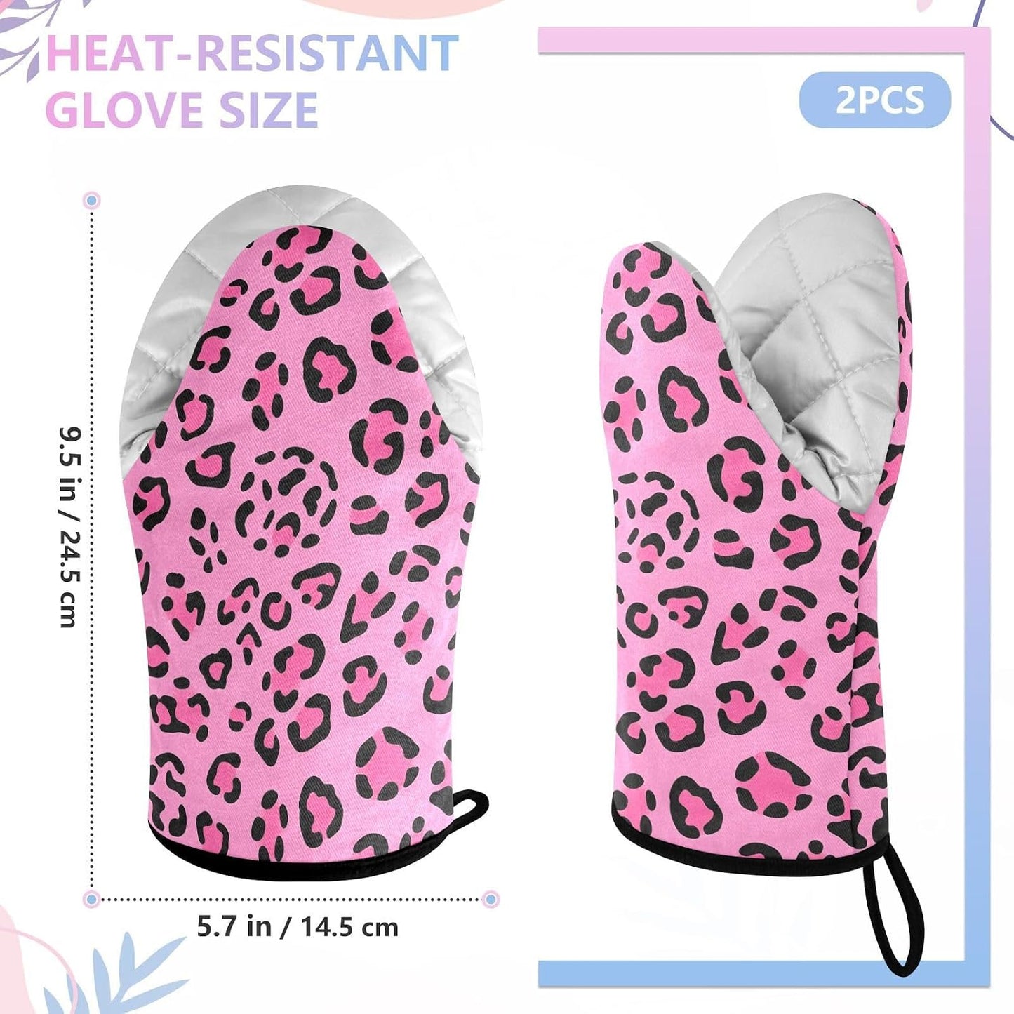 Oven Mitt 2 Pack Set Bright Pink Leopard Print Kitchen Mitts Gloves for for Cooking Baking Grilling