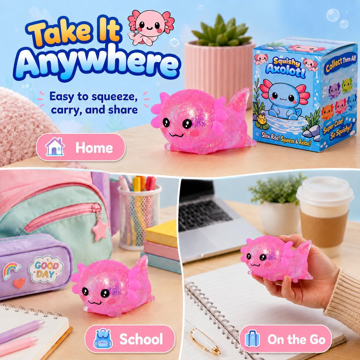 Axolotl Squishy Stress Ball, Soft TPR Slow Rising Squeeze Toy, Cute Axolotl Fidget Toy for Stress Relief, Anxiety Calming Sensory Toy for Kids Adults(Pink Lie Axolotl)