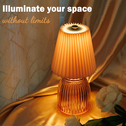 MJ PREMIER Small Battery Operated Lamp for Home Cordless Lamps with Timer 8.7 in High Battery Powered Pleated Lamp Emergency Small Lamps for Cozy Bedside Living Room Shelf Entryway Pink