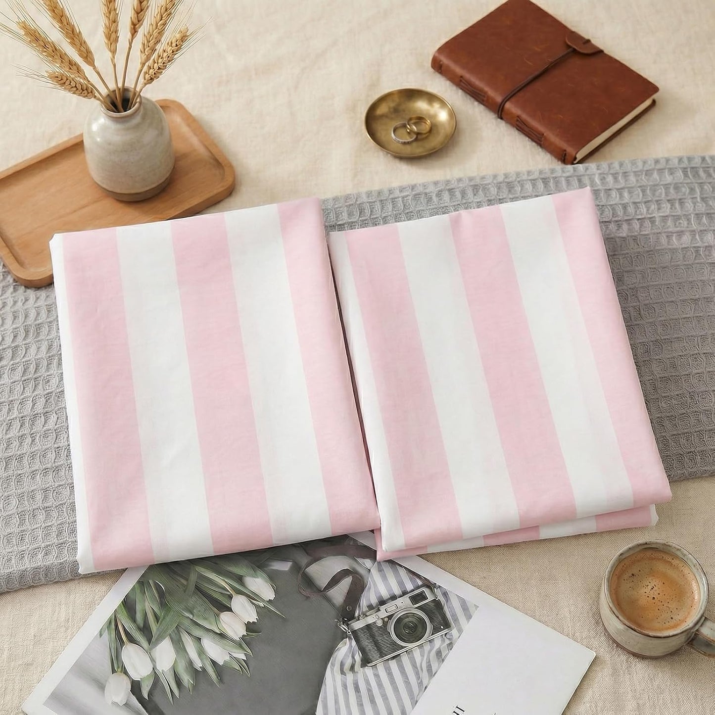 Merryword Queen Size Pillowcases, 100% Cotton Pillow Cases, Pink and White Striped Pillowcases, Luxury Linen Like Pillowcase, Soft Breathable Wide Stripe Pillow Covers, Set of 2