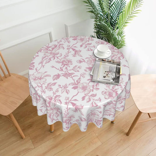 Pink Floral Tablecloth Round 70 x 70 Inch Light Pink Chinoiserie Floral Table Cloth Polyester Fabric Vintage Spring Summer Flowers Farmhouse Table Cover for Kitchen Party Picnic Outdoor Decor