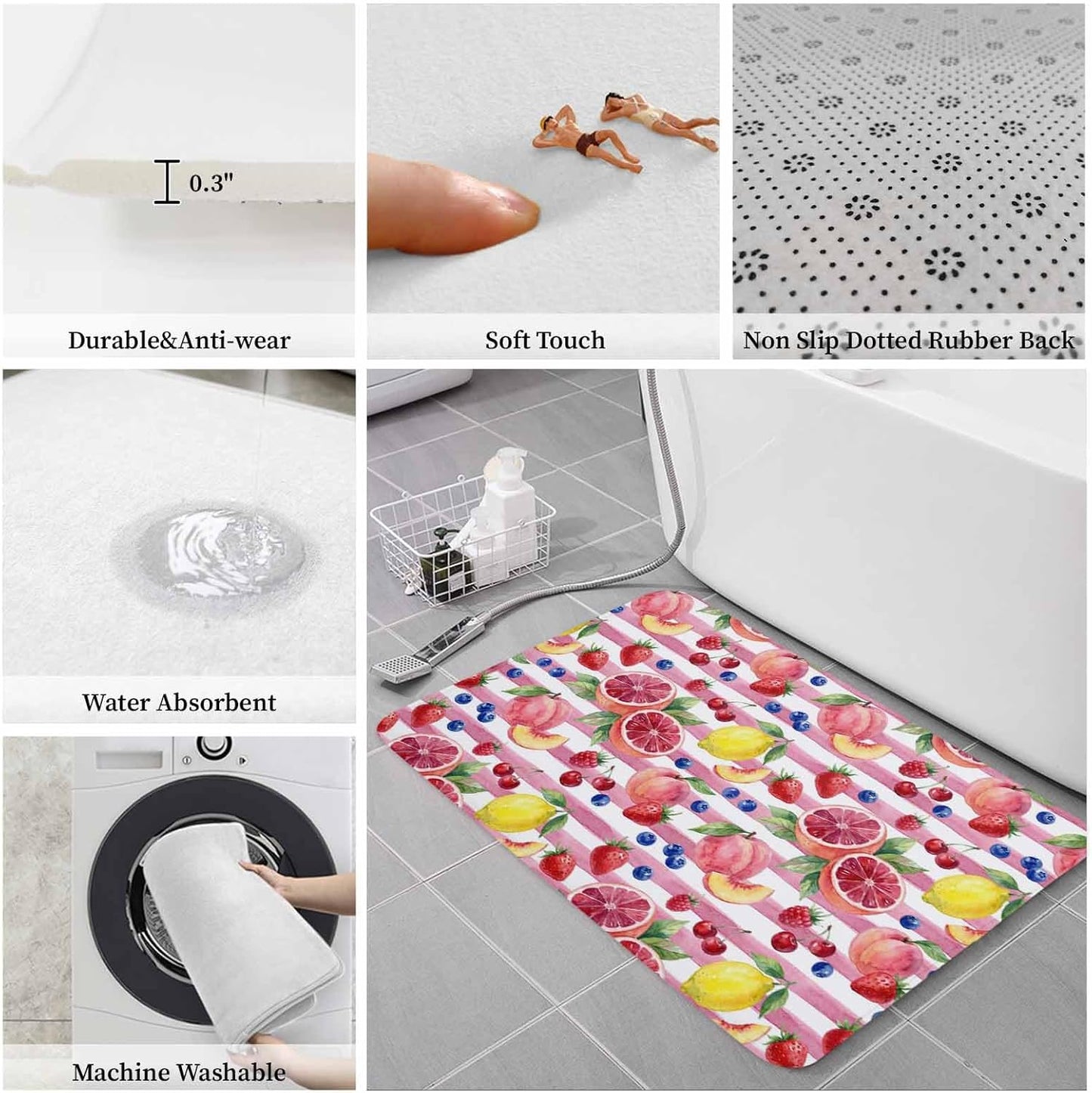 Kitchen Rugs and Mats, Summer Peach Lemon Grapefruit 2 Piece Area Runner Rug Set Comfort Standing Floor Mat, Blueberry Strawberry Pink Stripe Non Slip Absorbent Doormats for Laundry/Bathroom/Bedroom