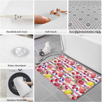 Kitchen Rugs and Mats, Summer Peach Lemon Grapefruit 2 Piece Area Runner Rug Set Comfort Standing Floor Mat, Blueberry Strawberry Pink Stripe Non Slip Absorbent Doormats for Laundry/Bathroom/Bedroom