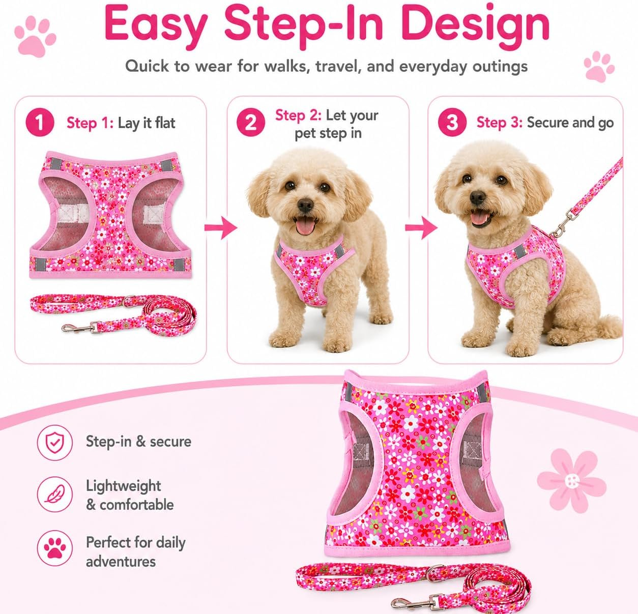 Step in Dog Harness Leash Set- All Weather Reflective No-Pull Floral Pattern Padded Mesh Vest Harness for Cats Puppy Extra-Small Small Medium Large Dogs - Pink Flower - S