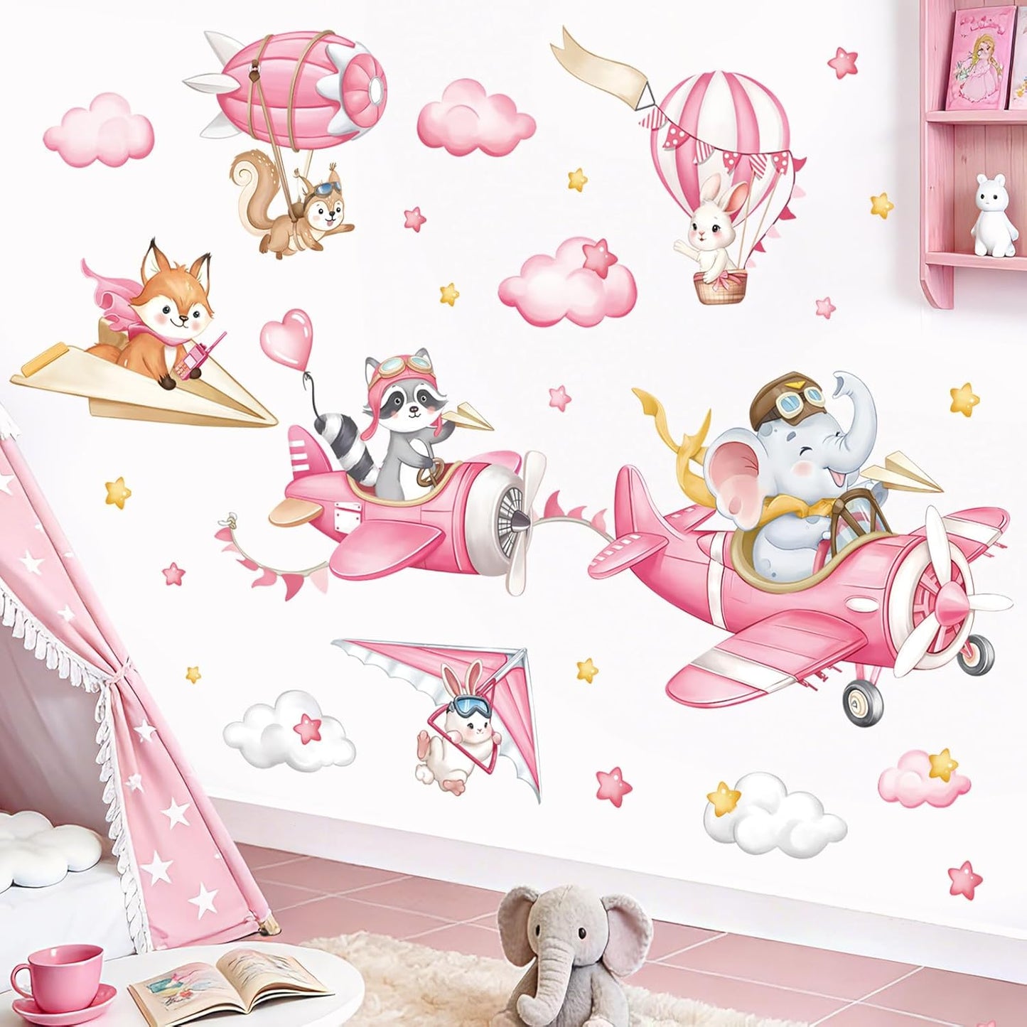 decalmile Pink Airplane Animals Wall Stickers Elephant Fox Rabbit Hot Air Ballon Wall Decals Baby Nursery Kids Bedroom Playroom Wall Decor