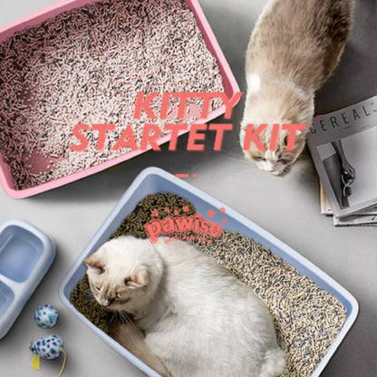 PAWISE Small Cat Litter Box,14.3 x 10.6 x 2.5 Kitten Litter Box Starter Kit,Low Entry Baby Kitten Training Litter Box with Scoop, Bowls,Cat Mouse Toy and Ball Toy,First Catty Owner Essentials(Pink)