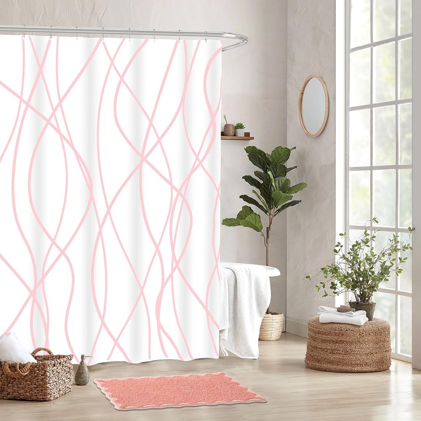 ORTIGIA Shower Curtain with Liner, Pink Wave Stripe, 3 in 1 Shower Curtain with 12 Rust Proof Double Sided Metal Hooks, Double Layers Shower Curtains for Bathroom, W72 x H72