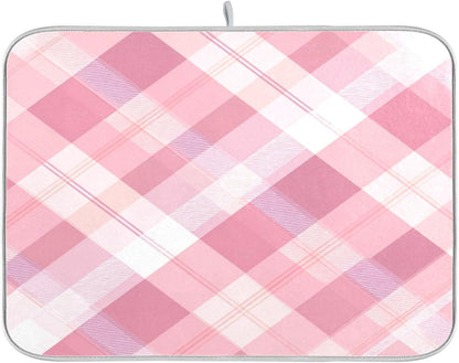 Dish Drying Mat for Kitchen Counter Absorbent Quick Dry Foldable Washable Coffee Bar Mat Dish Drying Pad 18x24 Pinks White Beige Checkered Pattern