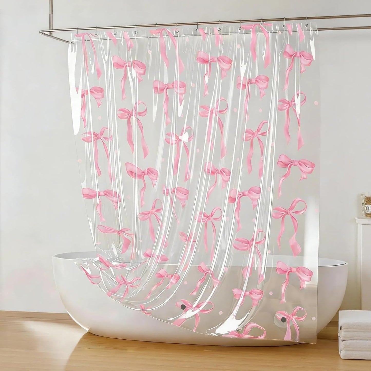 Clear Cute Pink Bow Shower Curtain Liner, Coquette Girly Preppy Pink Bow Bathroom Decor, 72x72 Inch Plastic Waterproof Transparent Aesthetic Pretty Girls Shower Curtain Set with Hooks Weighted Magnets
