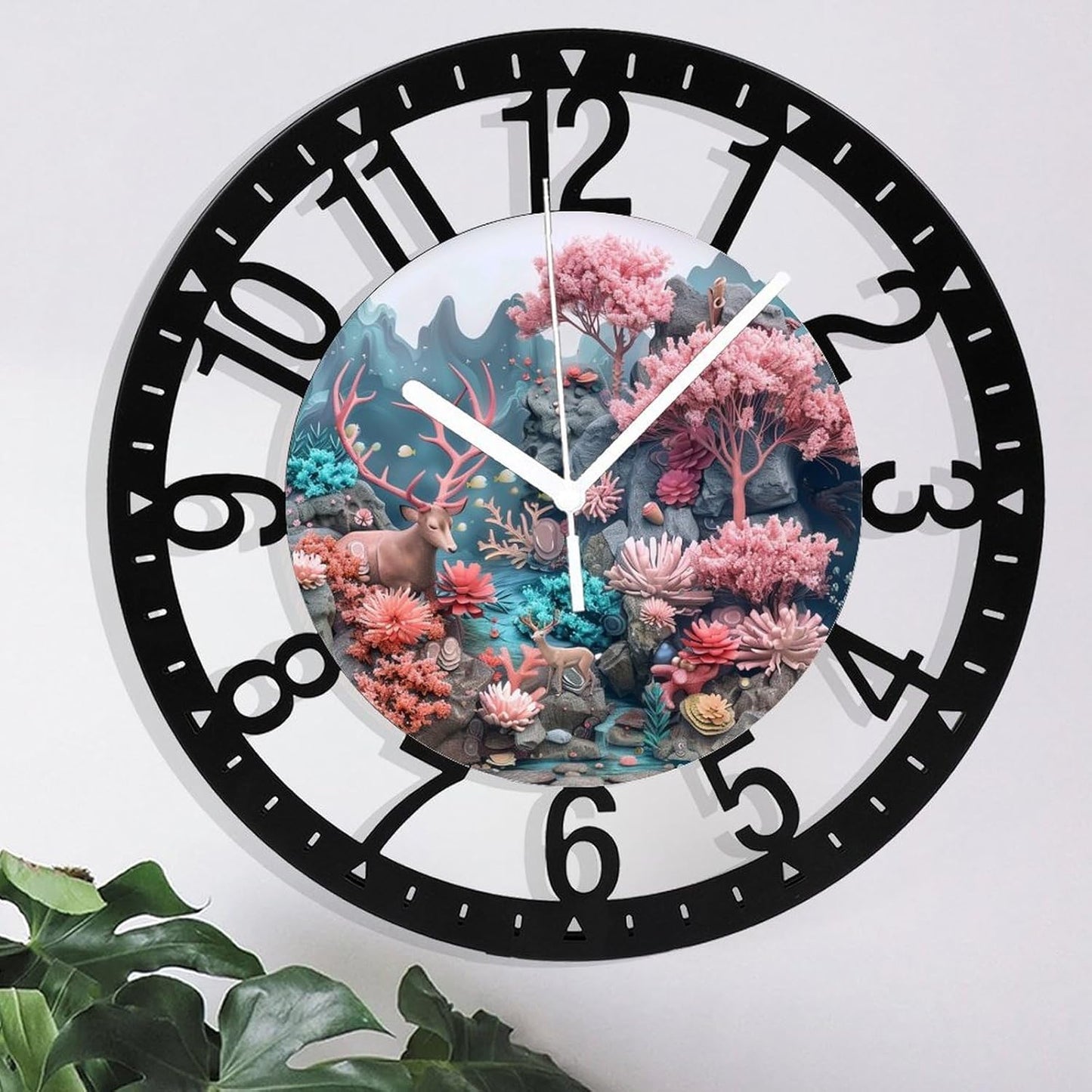 Metal Wall Clock for Living Room -10" Deer Among Pink Trees Coral Stream Silent Non Ticking,Battery Operated, Antique Clocks for Farmhouse,Bedroom,Kitchen - Arabic Numerals