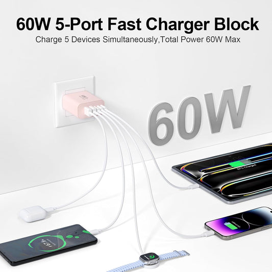 USB C Charger Block, 60W 5-Port Type C Charger Fast Charging Block, USBC USB Multiple Port Wall Charger Plug Adapter for iPhone 17/Air/16/15/14/13/12/11 Pro Max, Samsung Galaxy, iPad, Tablet (Pink)