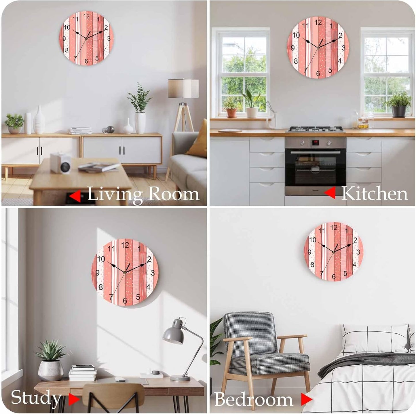 Wall Clock Pink Stripes Clocks PVC Silent Non-Ticking Battery Operated Decorative Coral Polka Dots Striped Grain Round Clock for Home Living Room Kitchen Bedroom Office School Wall Decor 10 Inch