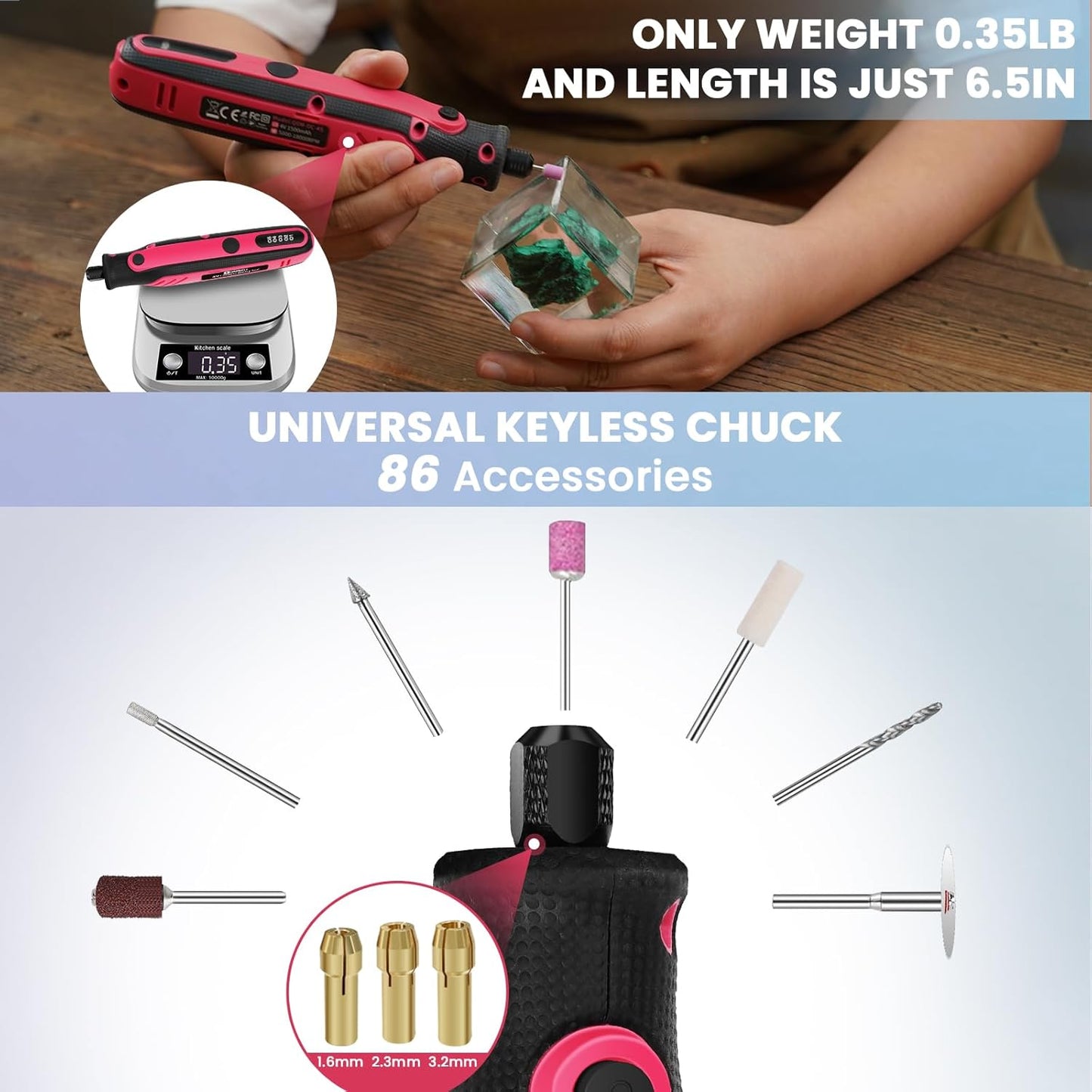 HARDELL Mini Cordless Rotary Tool, 5-Speed Rotary Tool Kit with 69 Accessories, 4V Power Rotary Tool for Cutting, Engraving, Sanding, Drilling, Polishing, Small Wood Carving tool or DIY Crafts（Pink)