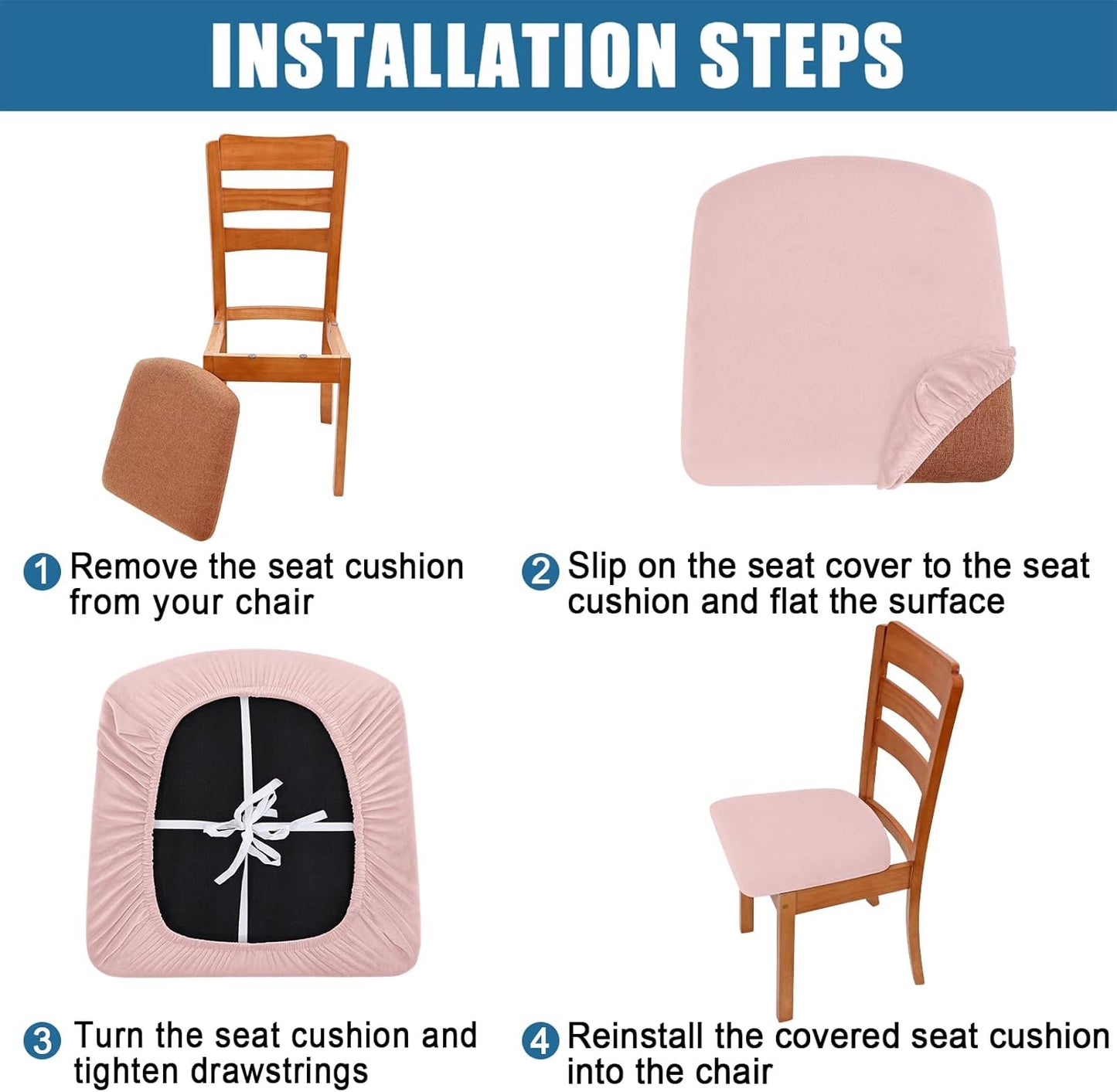 Smiry Velvet Seat Covers for Dining Room Chair Set of 4, Stretch Fit Removable Washable Chair Seat Cushion Protector Slipcovers with Ties, Light Pink