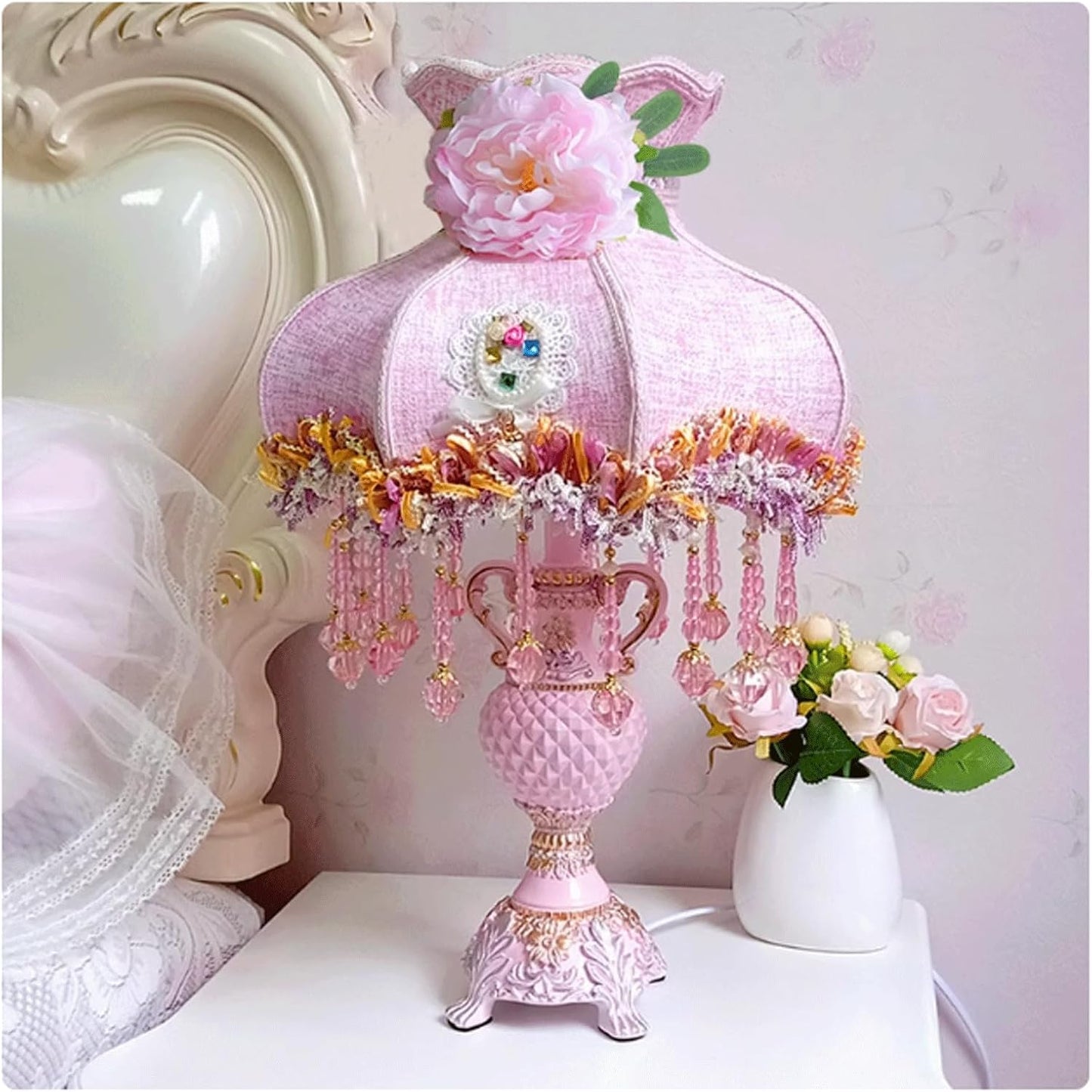 Victorian Style Pink Bedside Table Lamp European Romantic Peony Silk Flower Desk Lamp 3-Way Dimmable Princess Nightstand Lamp for Girls' Bedroom Living Room