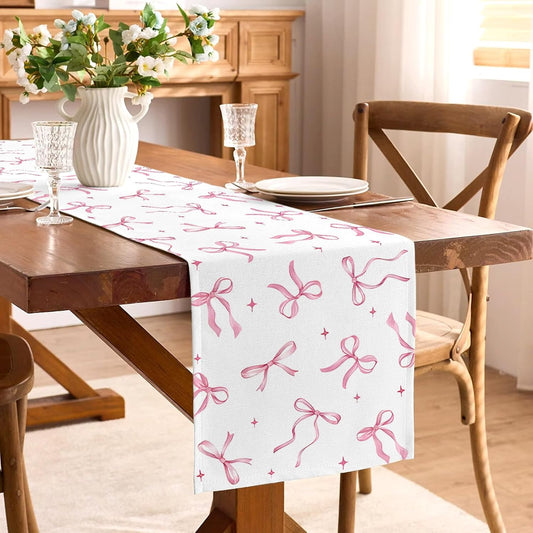 Pink Bow Party Table Runner Valentine's Day Coquette Girls Birthday Party Decoration Tea Wedding Baby Shower Dining Room Home Kitchen Table Decor (Pink, 13" x 72")