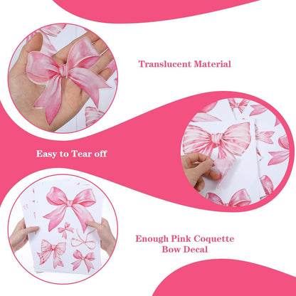 8Sheet/46PCS Pink Bow Wall Stickers, Bow Wall Decals for Bedroom and Bathroom, Bows Wallpaper for Valentine's Day Girls Party Home Bedroom Nursery
