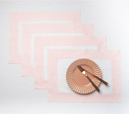 Solino Home 100% Pure Linen Placemats, Set of 4 - 14 x 19 Inch Blush Pink & White Table Mats - Contempo - Handcrafted European Flax, Machine Washable - Ideal for Summer