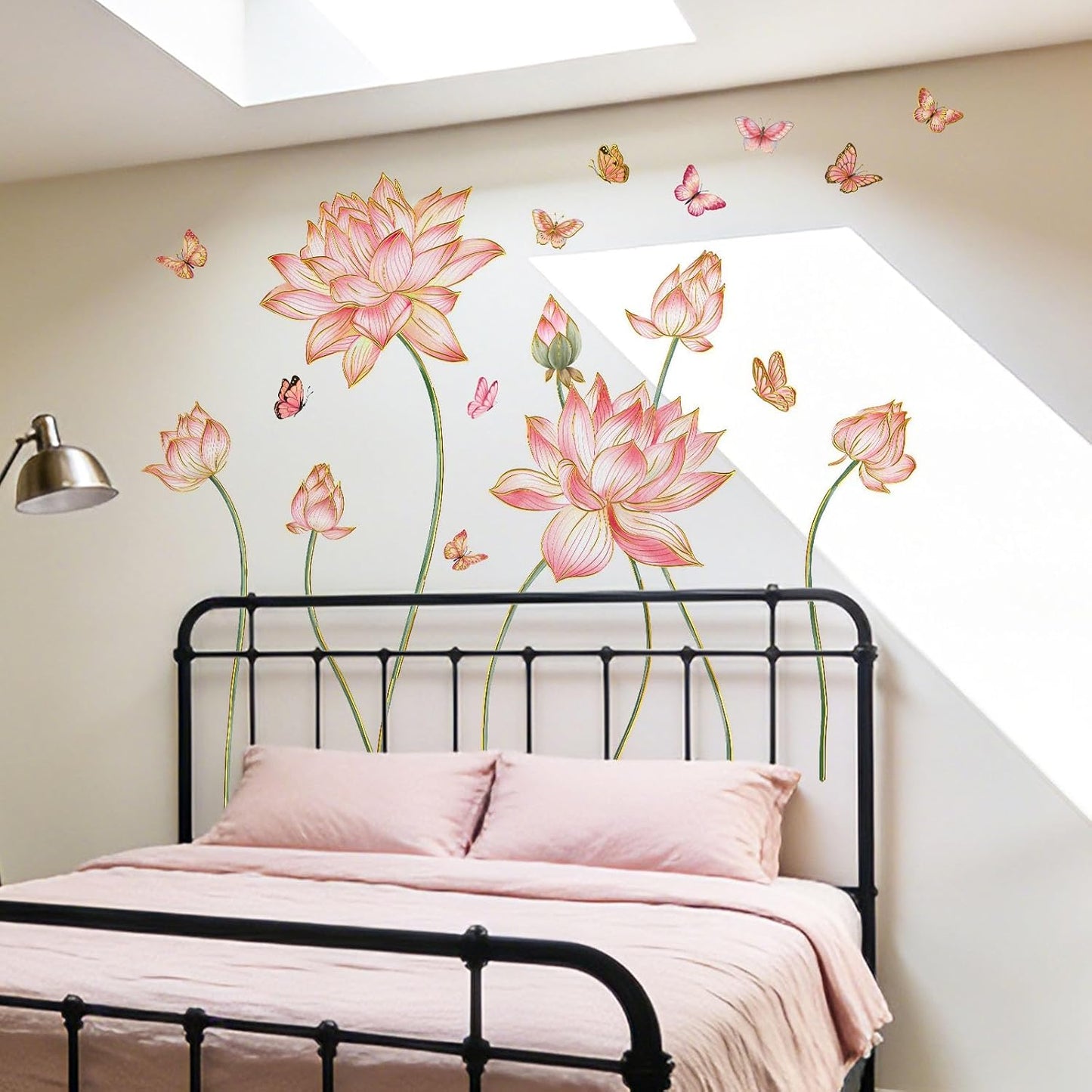 Gold Flower Wall Decals Blue Pink Floral Wall Sticker Creative Lotus Peel and Stick Removable Wall Art Decor for Living Room Bedroom Home Office (PinkLotus)