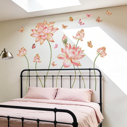 Gold Flower Wall Decals Blue Pink Floral Wall Sticker Creative Lotus Peel and Stick Removable Wall Art Decor for Living Room Bedroom Home Office (PinkLotus)