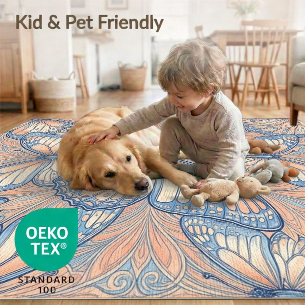 4'x6' Washable Art Nouveau Floral Accent Rug, Peach Non-Shedding Small Carpet Pet Friendly & Kids Safe Play Mat for Playroom, Bedroom, Reading Nook | Ref:1931693