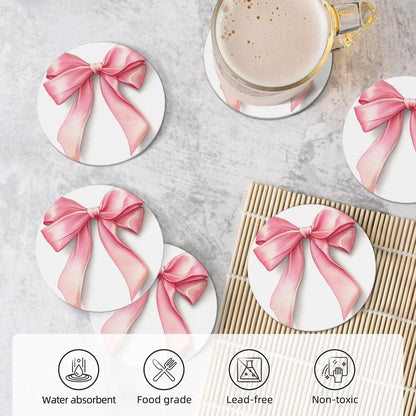 Watercolor Light Pastel Pink Ribbon Bow Ceramic Coasters with Holder Set of 6 Coffee Cup Drink Coasters