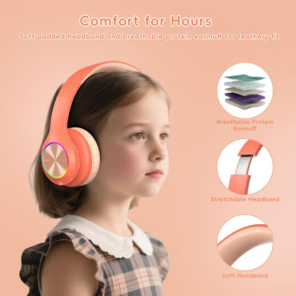 Candy Bila Kids Bluetooth 6.0 Headphones with LED Light, 85Hours Playtimes, Type-C Fast Charging, 85/94dB Volume Limited, Wireless Headphones with Built-in Mic, Wired & TF Card Mode, Pink and Orange