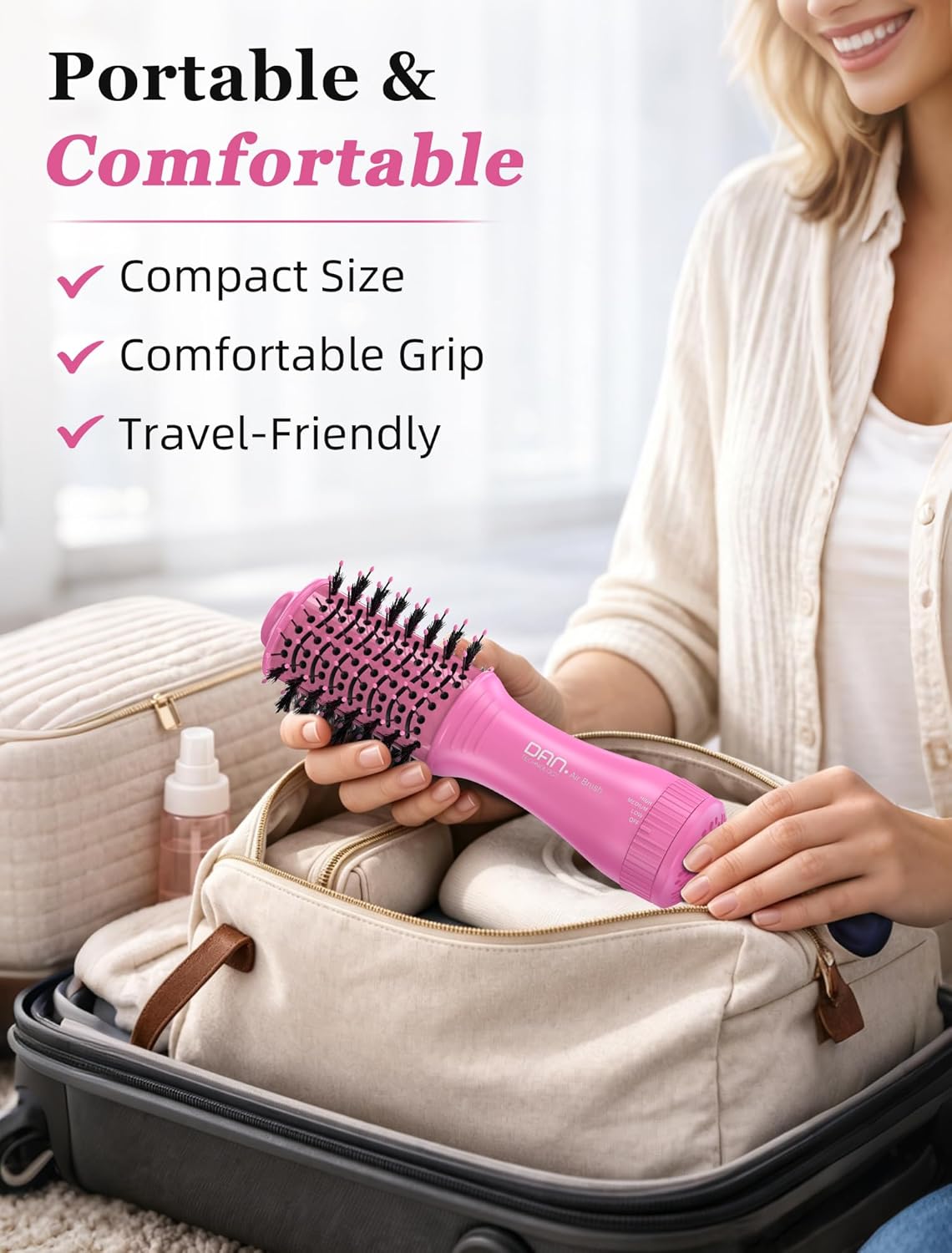 Mini Travel Ceramic Blow Dryer Brush for Short to Medium Hair, 2 Inch Oval Styling Hot Air Brush with 3 Heat Settings, Lightweight Volumizing & Smoothing Tool, 120V, Pink