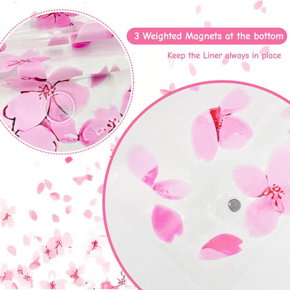 Clear Pink Floral Shower Curtain Liner, Cute Plastic Transparent Cherry Blossom Shower Curtain, Girly Flower Petals Spring Shower Curtains for Bathroom, 72x72 Shower Curtain Set with Magnets 12 Hooks
