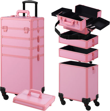 Somduy Makeup Train Case, Rolling Makeup Case with Lid, 5 in 1 Cosmetology Case on Wheels, Christmas Gift, Large Makeup Case Organizers, Profesional Cosmetic Case for Salon Barber, Pink